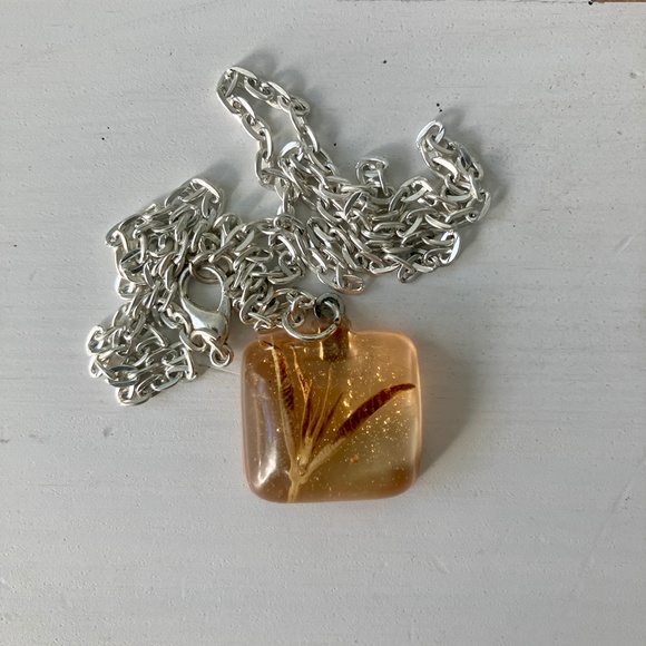 Botanical Lemon Verbena Resin Pendant Necklace on Silver Tone Chain - Picture 2 of 6